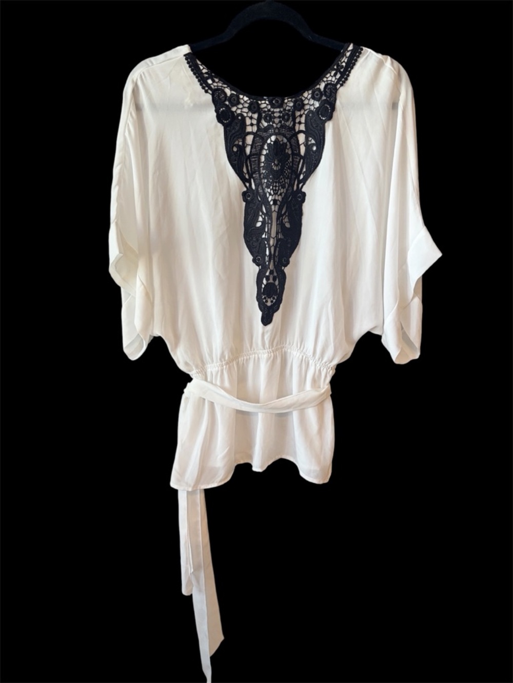 White Tunic Top with Black Crochet Yoke and Tie Waist